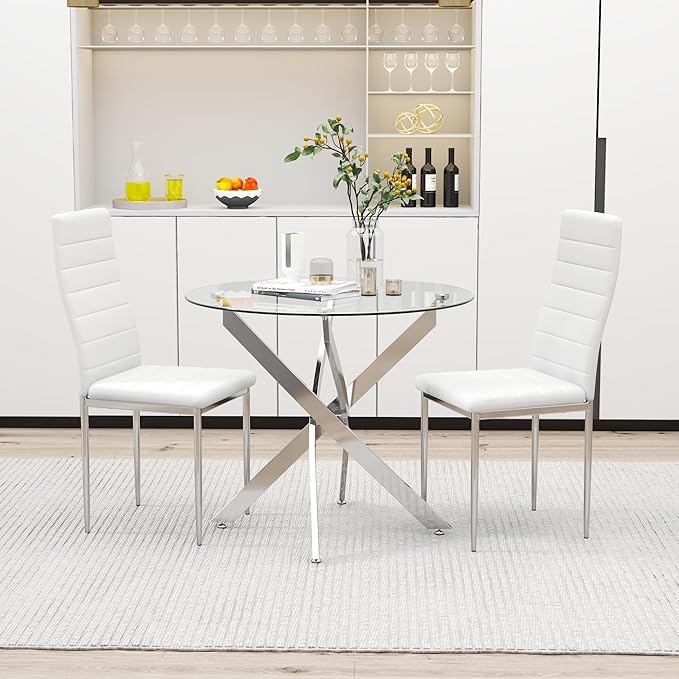 Glass Dining Table Modern Kitchen Table with Silver Metal Legs 32 Inch Small Round Dining Table for Apartment Kitchen Dining Room