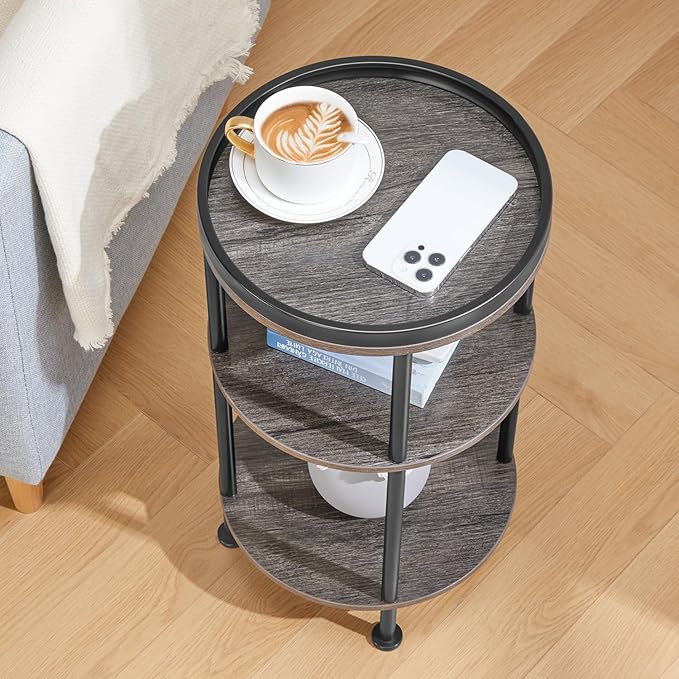 Small Round Side Table for Small Spaces, 3-Tier Round Accent Table Slim Side Table, Modern Sofa Corner Table for Living Room Nightstand Bedroom (Grey)