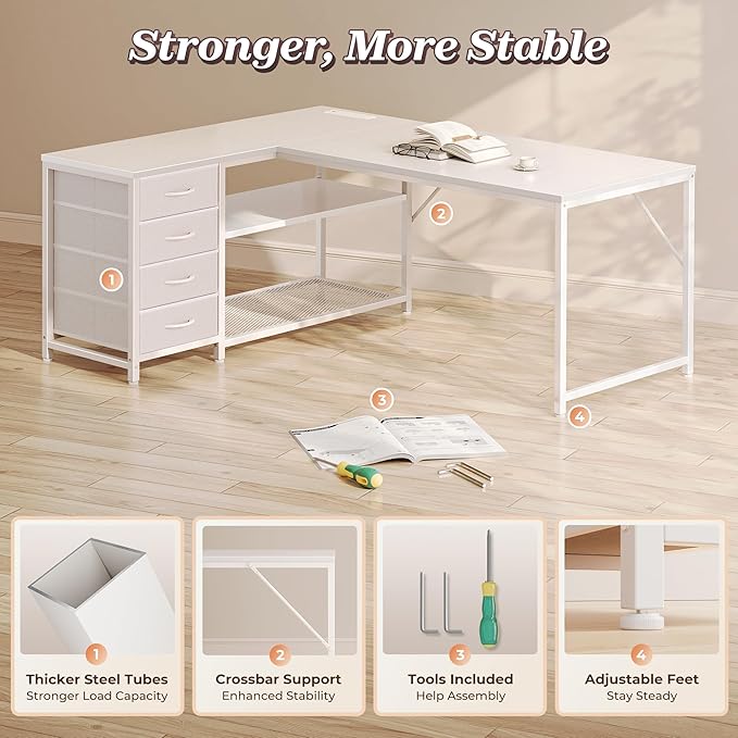 PRAISUN 53" L Shaped Desk with Power Outlets and USB-C Port, Reversible Computer Corner Office Desk with 4 Fabric Drawers and 2 Height-Adjustable Shelves, Large for Gaming Writing Work Study, White