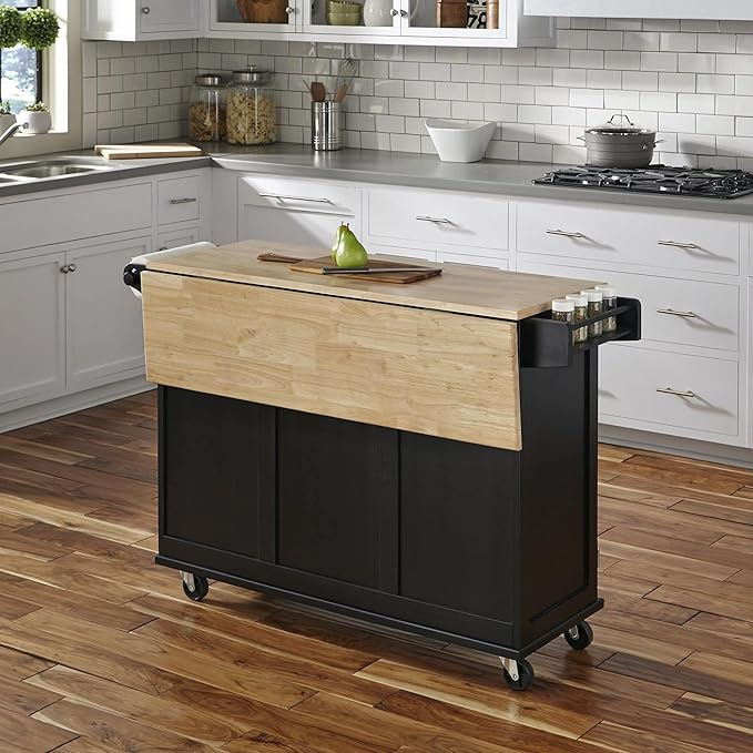 Homestyles Dolly Madison Black Mobile Kitchen Island Cart with Wood Drop Leaf Breakfast Bar