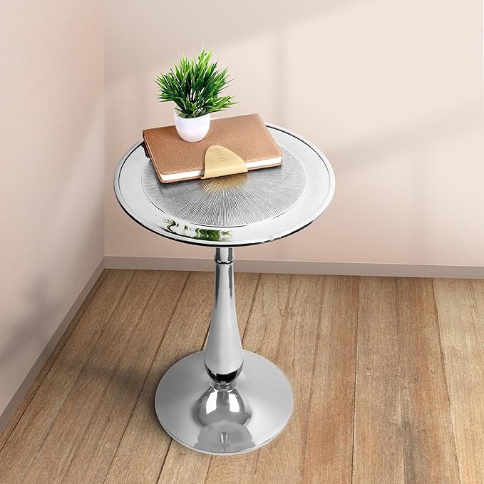 CLEENTABLE Farmhouse Pedestal Round End Table - End Table for Indoor Use - Modern Lightweight Metal Accent Side Table for Small Spaces, Nightstand, Bedroom, Living Room, Office, Balcony 21"(Silver)