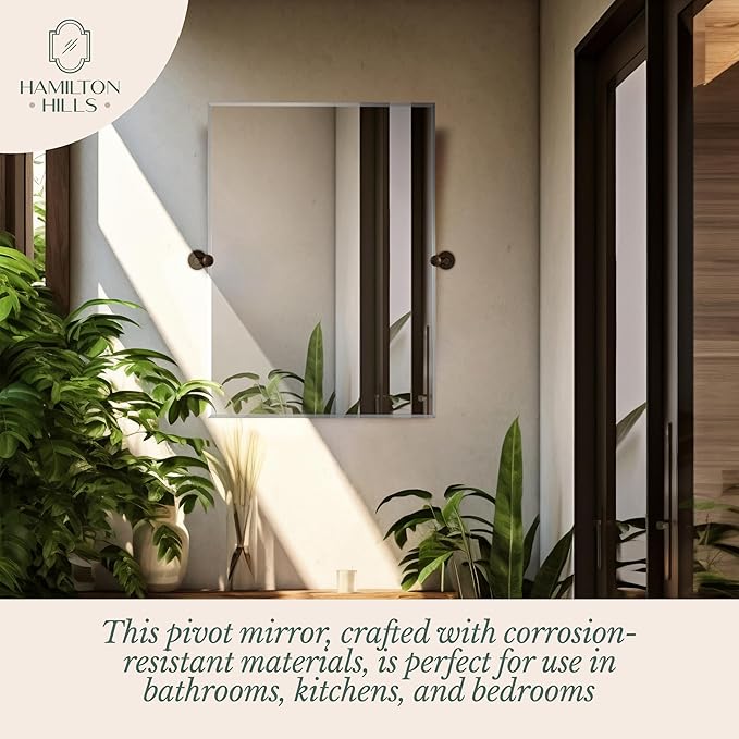 Hamilton Hills 30x40 inch Frameless Pivot Mirrors for Bathrooms with Oil Rubbed Bronze Rounded Wall Brackets - Rectangular Tilting and Farmhouse Wall-Mounted Vanity - Hangs Horizontally and Vertically