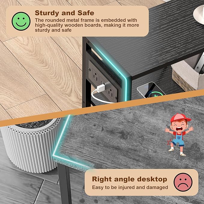 Small Narrow Side Table with Charging Station, Skinny End Table for Small Spaces, Slim Nightstand with Outlets, Sofa Bedside Table in Living Room, Bedroom, Study, Kitchen and Balcony(Black)