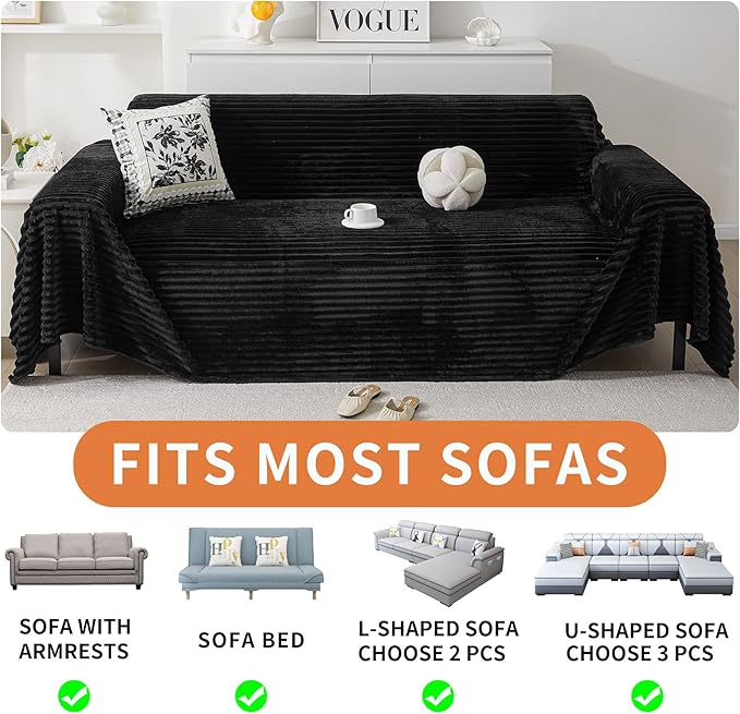 HAOMAIJIA Faux Fur Sofa Covers Couch Covers for 3 Cushion Couch Sofa Pet Friendly Soft Non Slip Couch Cover for Dogs Washable Sectional Couch Covers L Shape Furniture Protector (Black, 71"x134")