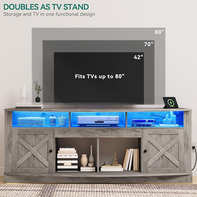 YITAHOME TV Stand for 75/80 Inch TV, Light Rustic Grey Entertainment Center 70 Inches Wide, Media Furniture TV Table with with Power Outlet, TV Consoles for Living Room, Curved Desktop
