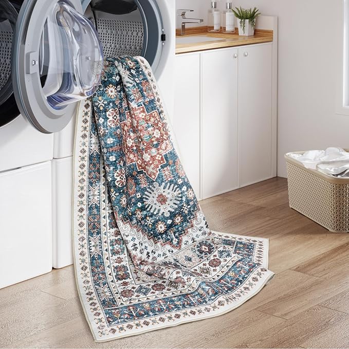 zesthome 6x9 Area Rug, Super Soft Washable Rugs for Living Room, Non-Slip Stain Resistant Vintage Rugs, Ultra-Thin Large Area Rugs (Navy Blue/Red,6'x9')