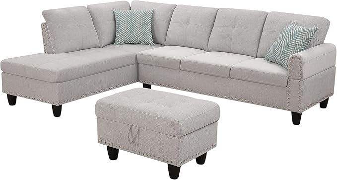 Ball & Cast 98" L Shaped Sectional Couch for Living Room with Chaise & Storage Ottoman,4 Seat Linen Upholstered Modular Sectional Sofa Set 3 PCS W/Cup Holder & Nailhead Trim,for Home,Office,Light Gray