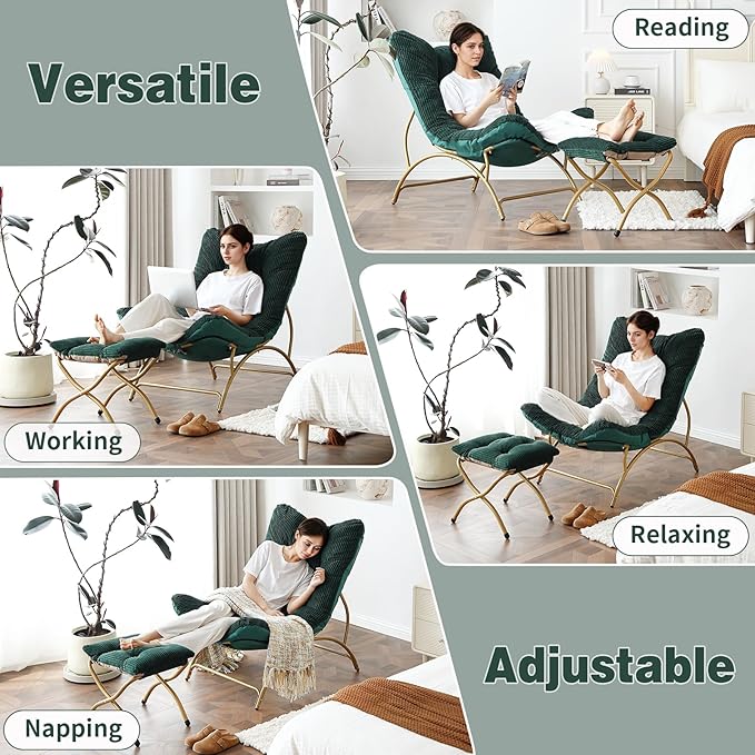 Welnow Accent Chair with Ottoman, Lounge Comfy Soft Leisure Metal Frame Reading Chair with Footrest, Upholstered Thick Cushion Seated Recliner Sofa for Living Room, Bedroom, Dorm, Dark Green