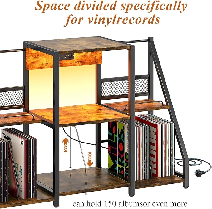Large Record Player Stand Vintage Record Stand-Large Vintage Record Player Table with Power Outlet and LED Light,Record Storage Rack with Vinyl Display Shelf for Up to 300 Albums