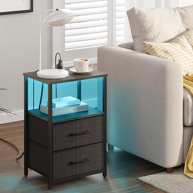TUTOTAK LED End Table with Charging Station, Nightstand with Cloth Drawer, Side Table with 1 USB Port and 1 Type-C Port, Set of 2, Couch Table, Charcoal Grey TB01BY052L