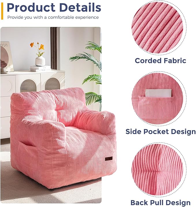 MAXYOYO Bean Bag Chair, Tufted Bean Bag Couch Lazy Chair, Living Room Sofa Couch with Filler for Adult Teens Kids, Corded Fabric Accent Sofa for Bedroom Dorm, Pink