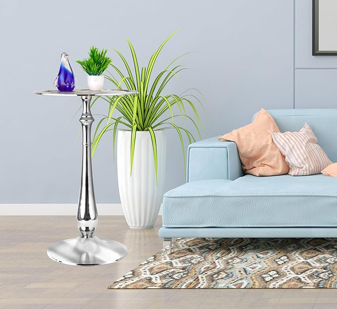 CLEENTABLE Farmhouse Pedestal Round End Table - End Table for Indoor Use - Modern Lightweight Metal Accent Side Table for Small Spaces, Nightstand, Bedroom, Living Room, Office, Balcony 21"(Silver)