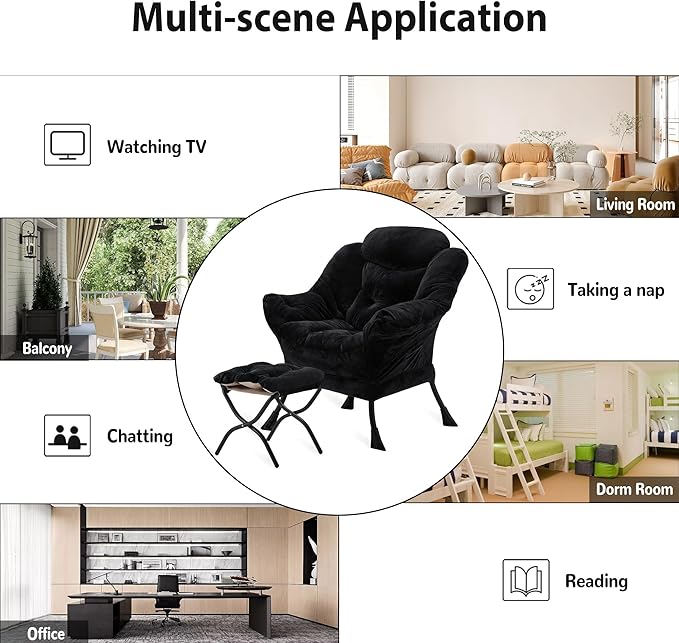 Lazy Chair with Folding Ottoman, Accent Chair Plush Upholstered with Metal Structure and Non-Slip Pads, Sofa Armchair with Footrest and Side Storage Bag for Dorm, Room, Office, Black