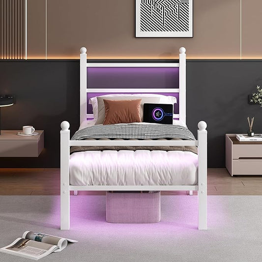 Twin Bed Frame with Headboard and Footboard,Steel Slats Support-LED Bed Frame with USB Charging Station,Mattress Foundation-Under Bed Storage,No Box Spring Needed,Noise Free,White