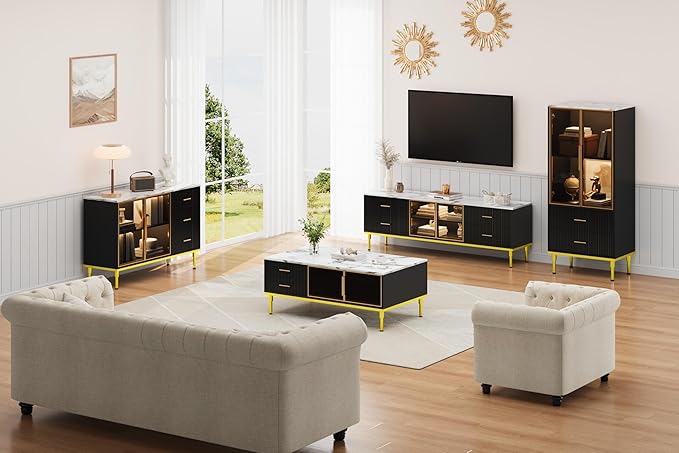 GAOMON Coffee Table for Living Room, Faux Marble Coffee Table with 4 Drawers and Glass Doors Storage, Modern Aesthetic Fluted Panel Design,Black & Gold