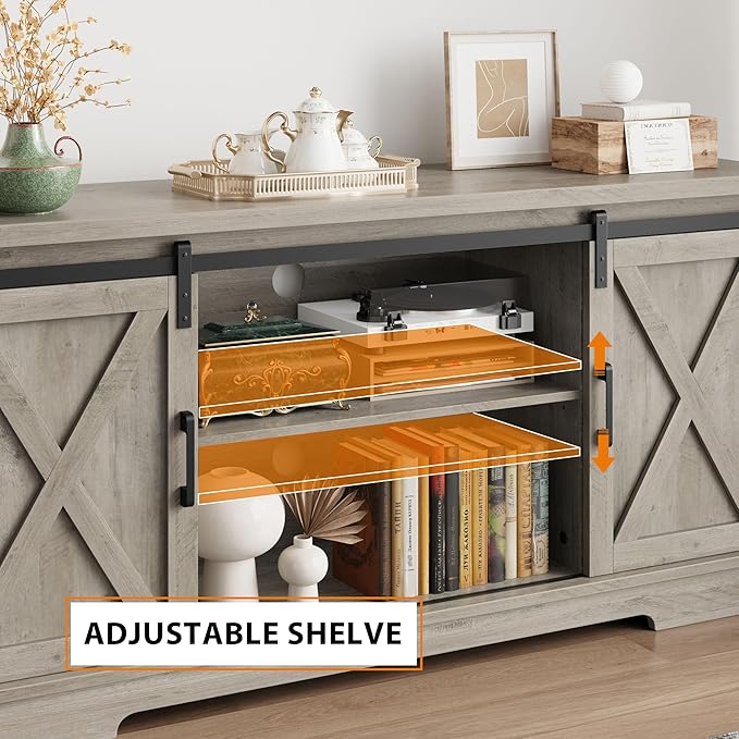 IDEALHOUSE Farmhouse Tv Stand for 65 Inches TVs, Entertainment Center with Storage and Sliding Barn Doors, Adjustable Shelf Modern Media TV Console TV Stand Table for Living Room, Bedroom, Grey