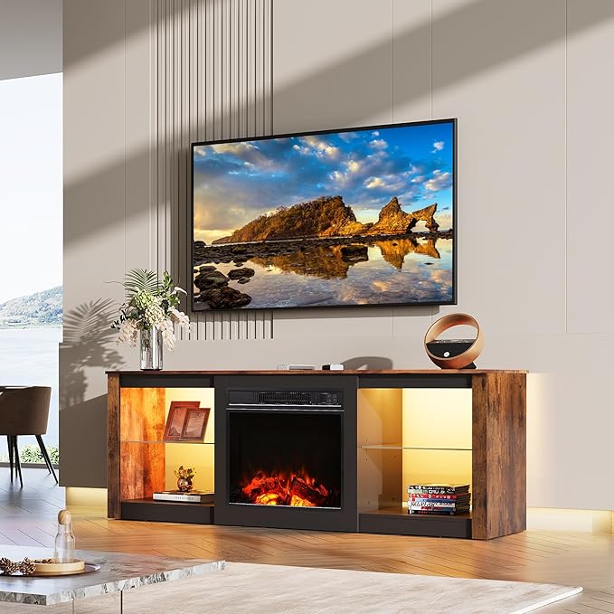 WLIVE 58 Inches Fireplace TV Stand with LED Lights, Modern Entertainment Center with 18'' Electric Fireplace & Adjustable Glass Shelves, Sturdy Media Console for Living Room, Bedroom,Gaming (Brown)
