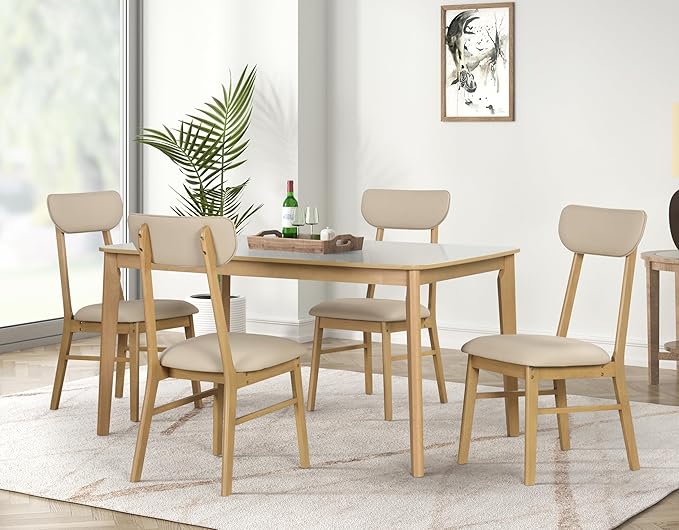 Ball & Cast 6-Piece Dining Table Set,59" Rectangular Dining Table with High Gloss White top, and 4 Upholstered Chairs & 1 Bench for Dining Room and Kitchen, Light Oak