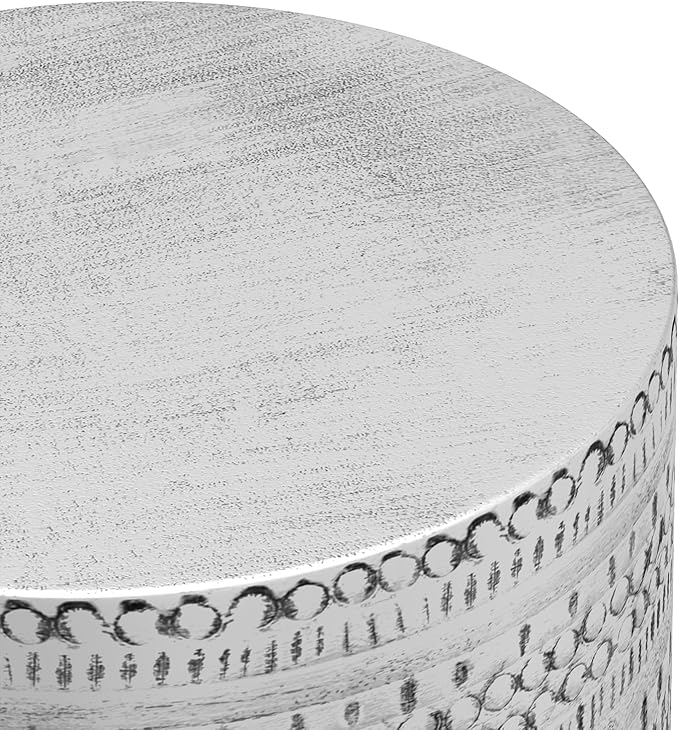 SIMPLIHOME Johnsen Metal Table - 15 inch Wide Solid Iron Drum Accent Table in Antique Silver with Tribal Pattern, Round Boho End Table for Living Room, Bedroom, or Home Office, Fully Assembled