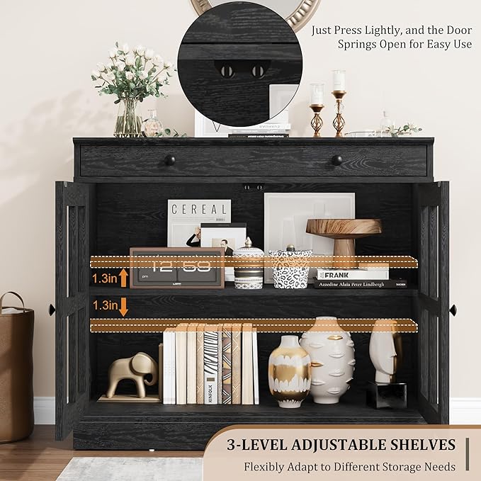 GarveeHome 35.4" Sideboard Buffet Cabinets with Glass Door, Buffet Cabinet with Storage, Black Sideboard Cabinet with Drawer, Modern Buffets & Sideboards for Dining Room, Kitchen