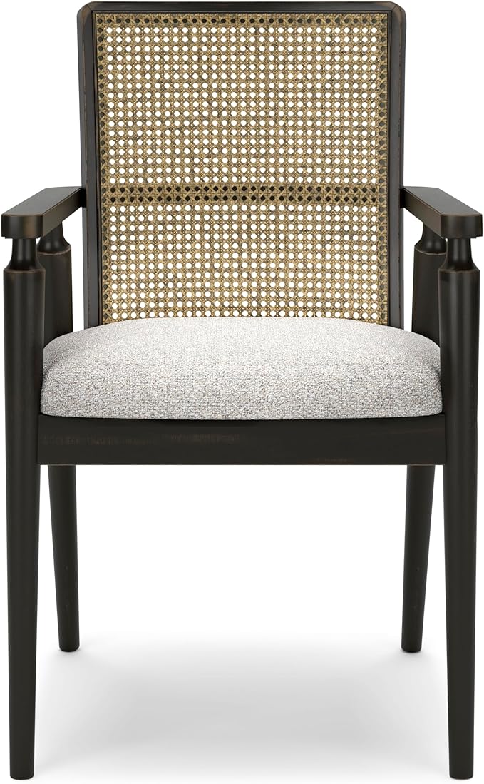 Signature Design by Ashley Galliden Rustic Solid Wood Upholstered Dining Arm Chair with Faux Cane Backrest, Set of 2, Light Brown & Black