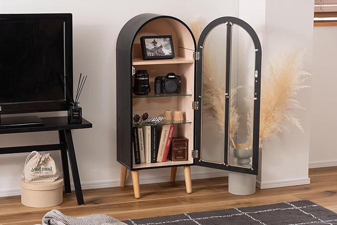 PaletteLife Arched Figurine-Case 4 Tier Collection Shelf, Oak Wood Grain with Glass Door and 2 Movable Glass Shelves, No Mirror, Black, PT-621BK