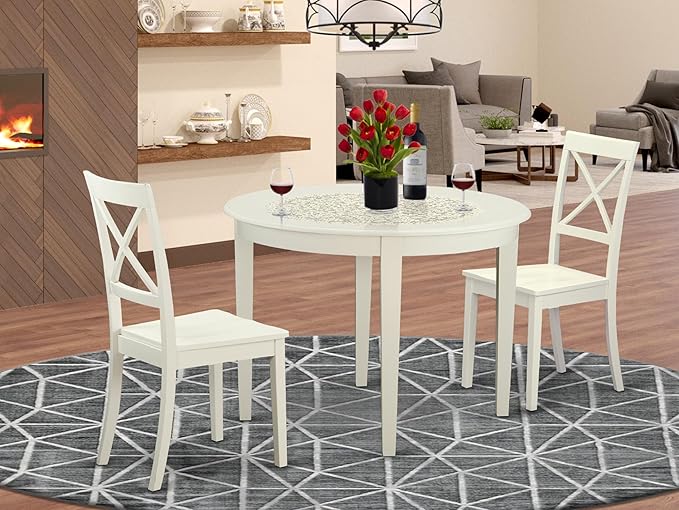 East West Furniture BOST3-WHI-W 3 Piece Kitchen Table Set for Small Spaces Contains a Round Dining Room Table and 2 Solid Wood Seat Chairs, 42x42 Inch, Linen White