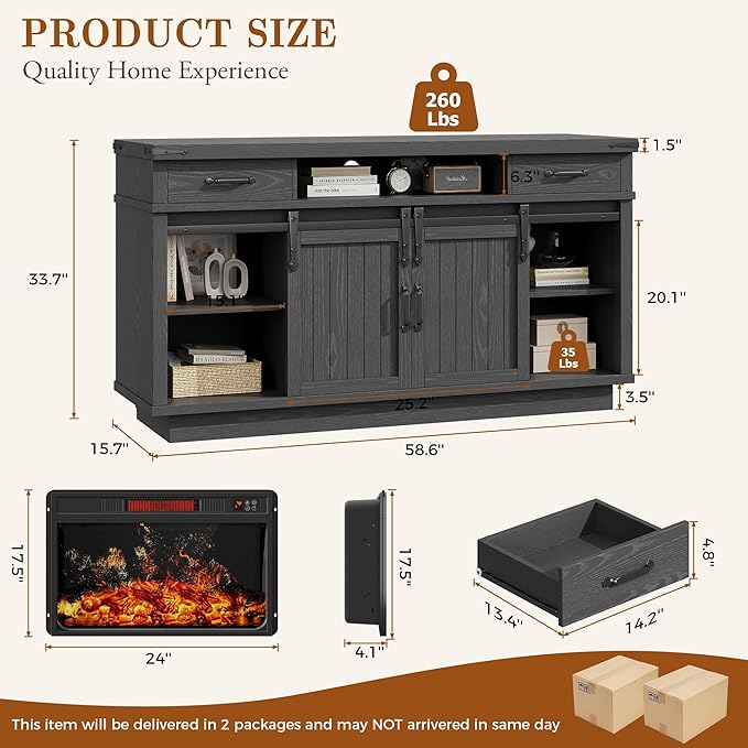59'' Fireplace TV Stand with 3D Flame Electric Fireplace Heater, 34'' Tall Farmhouse TV Stand for 65 Inch TV, Entertainment Center TV Console with 2 Drawers, Sliding Barn Door for Living Room - Black