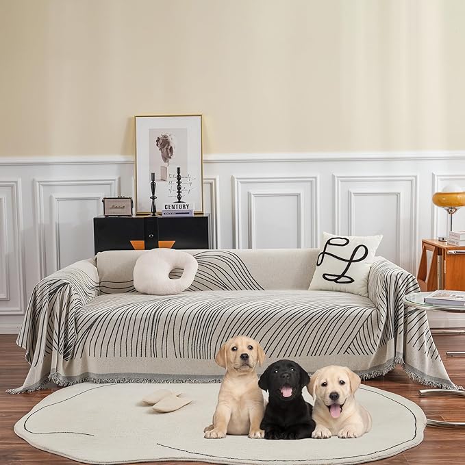 STACYPIK Stylish Striped Sofa Cover for Dogs, Non-Slip Boho Couch Cover for Sectional, Pet-Friendly Furniture Covers for 2 Cushion Couch, Abstract Jacquard Loveaseat Cover Sofa Throw Blanket-71x118IN