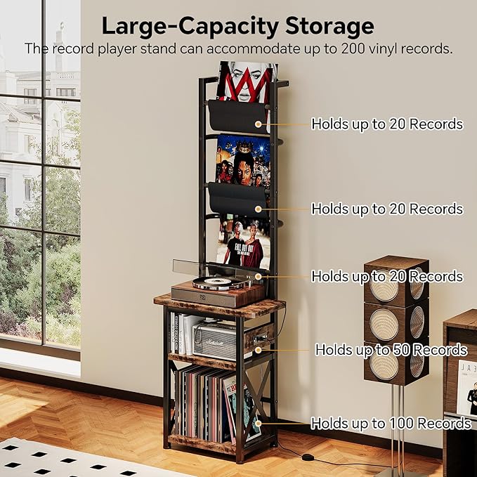Record Player Stand with Power Outlet, 6 Tier Vinyl Record Display Shelf, Record Player Table with album storage up to 200 Albums, Console Organizer Display Shelf, Gifts for Music Lovers