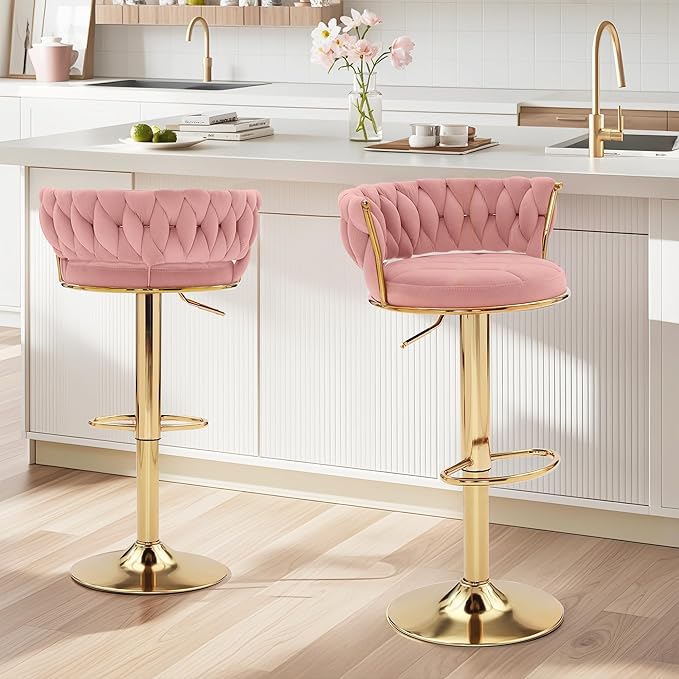 VECELO Bar Stools Set of 2, Adjustable Barstools Counter Height Stools with Back and Arm, Velvet Woven Kitchen Island Stools w/Gold Metal Leg & Base, 360° Swivel Bar Chair, Pink