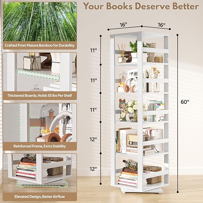 Homykic Rotating Bookshelf, Bamboo 360 Display Spinning Bookshelf Tower, 5-Tier Small Corner Bookcase for Small Spaces, Narrow Revolving Book Shelf Organizer Rack for Home Office, White