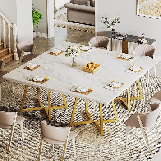 Tribesigns Square Dining Table for 10, 31.5" Modern White Dinner Table with Metal Base, Kitchen Table for Dining Room, Small Space, Apartment, White & Gold