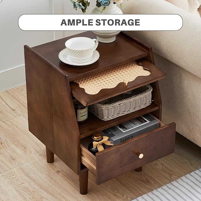 Uniclinens Rattan Nightstand with Drawer, Solid Wood Farmhouse Nightstand, 21" Bedside Table for Bedroom Sofa Side, Wooden End Tables Living Room, Walnut