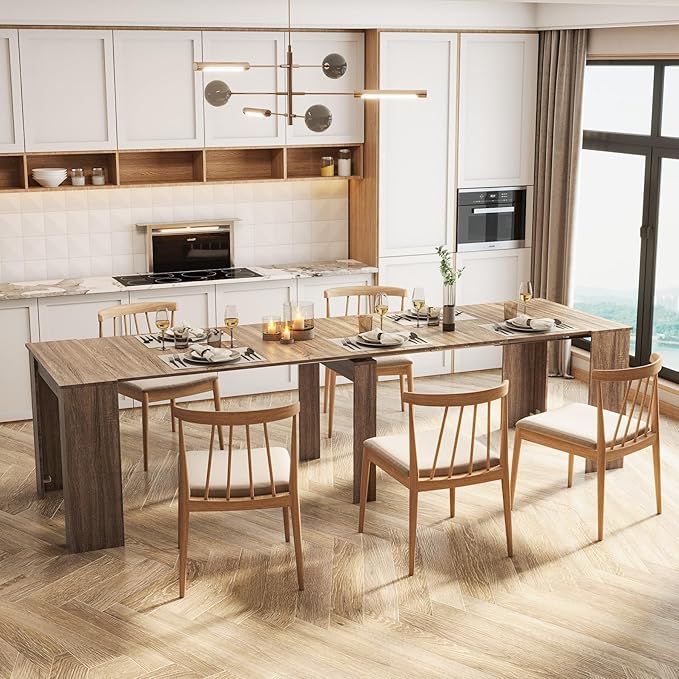 KEIKI 20"-118.5" L Extendable Foldable Dining Room Table for 1-10 People, Wood Multifunctional Rectangle Expandable Console Kitchen Living Meeting Room Furniture, 6 Tabletop Length Options, Barnwood
