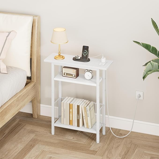 Vagusicc Narrow Side Table with Charging Station, Skinny Side End Table for Couch, 3-Tier Small End Tables for Small Spaces, 25.2" Tall Slim Nightstand Bedside Table for Living Room, Bedroom, White