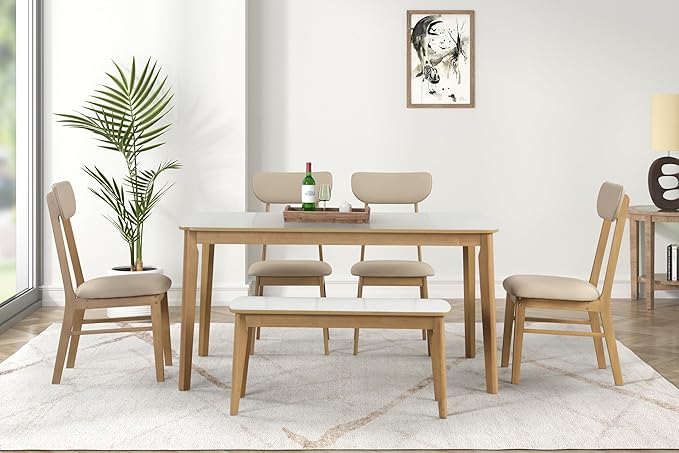 Ball & Cast 6-Piece Dining Table Set,59" Rectangular Dining Table with High Gloss White top, and 4 Upholstered Chairs & 1 Bench for Dining Room and Kitchen, Light Oak