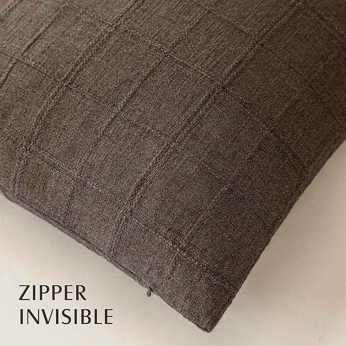 Foindtower Set of 2 Decorative Linen Check Throw Pillow Covers Neutral Farmhouse Vintage Cushion Covers Modern Boho Home Decor for Sofa Chair Couch Bedroom Living Room Outdoor,16×16 Inch,Dark Brown