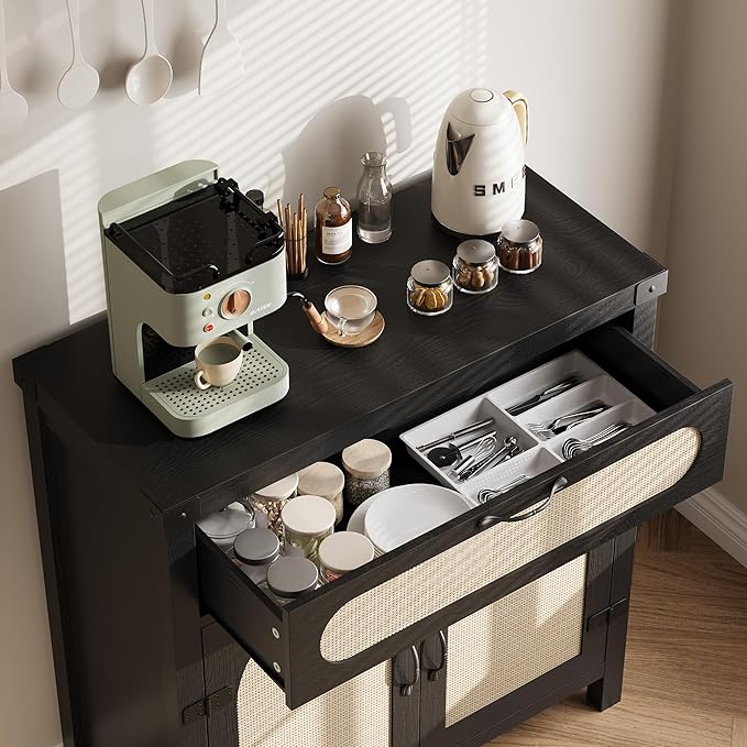 IDEALHOUSE Rattan Cabinet with Drawer, Sideboard with Synthetic Rattan-Accent Doors, Adjustable Shelves, Buffet Cabinet for Living Room Dining Room, Black