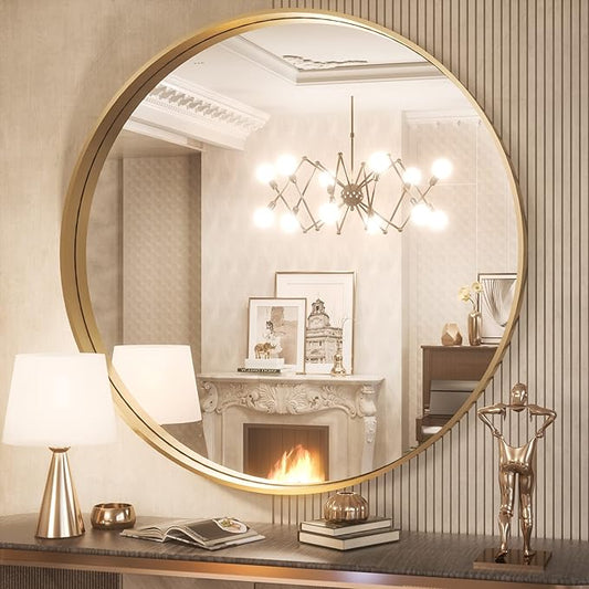 TokeShimi Round Gold Mirror 36 Inch Round Bathroom Mirror for Wall with Non-Rusting Aluminum Alloy Brushed Gold Matte Metal Frame Modern Circle Mirror Fit in Minimalist Multi Style Home Decor
