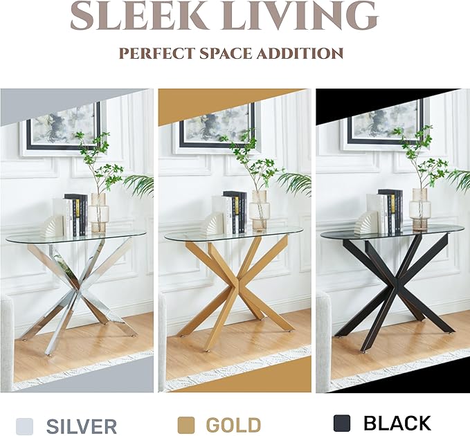 Modern Glass Oval Console Table, Entryway Hallway Narrow Sofa Table, Entrance for Entryway, Living Room, Foyer, Hallway, Office， 45" Lx18 Wx30 H Black