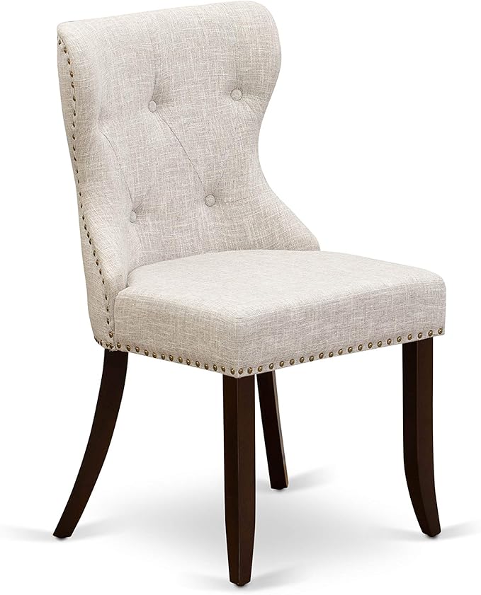East West Furniture DLSI5-MAH-35 5 Piece Kitchen Table & Chairs Set Includes a Round Dining Room Table with Dropleaf and 4 Doeskin Linen Fabric Parson Dining Chairs, 42x42 Inch, Mahogany