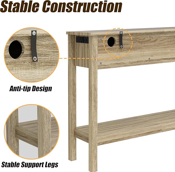 Entryway Table, Rattan Console Table with 3 Storage Drawers and Storage Shelf, Sofa Table with Socket, for Entryway, Living Room, Behind Couch and Hallway (Natural Wood)