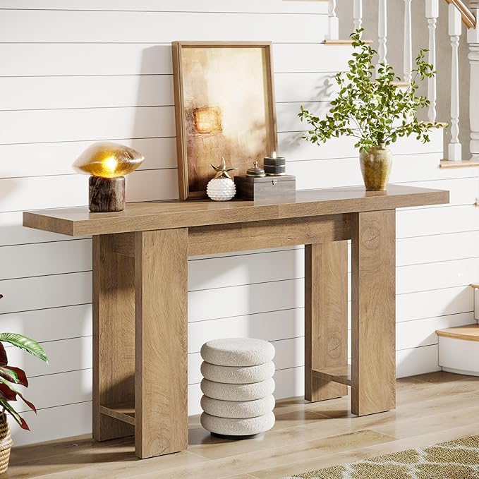 63-Inch Farmhouse Console Table, Narrow Long Sofa Table Behind Couch, Wooden Style Entry Console for Entryway, Foyer, Hallway, Living Room, Light Brown