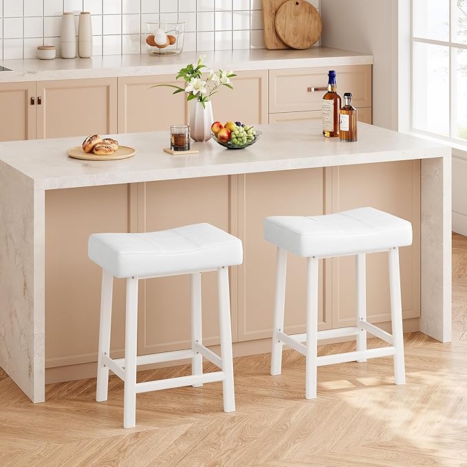 GarveeHome Counter Height Bar Stools Set of 2, 24 Inch Barstools for Kitchen Island Counter, Upholstered Padded Saddle Chairs with Curved Cushion, Easy Assembly, White