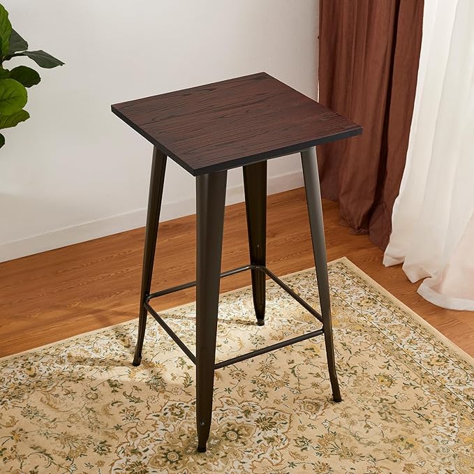 Glitzhome 41.25" H Modern Style Square High Heavy-Duty Metal Bar Table with Wooden Top Sturdy Frame Bistro Pub Table