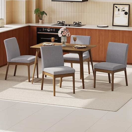 Dining Table Set for 4, Solid Rubberwood Upholstered Chairs, Mid-Century Modern Kitchen Furniture for Home, Dining/Living Room, Walnut+Gray