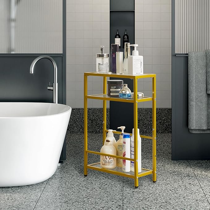 IBUYKE Glass End Table for Small Space, Narrow Side Tables with Storage Shelf, Bedside Table Slim Nightstand with Magazine Holder, for Living Room Home Office, Clear Gold UTMZ002G