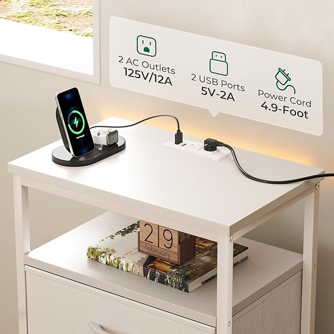 Huuger Night Stand with Charging Station, Multiple Drawer Dresser for Bedroom, Bedside Table, Tall Nightstand with PU Leather Finish, Open Shelf, End Table, for Closet, Entryway, Bedroom, White