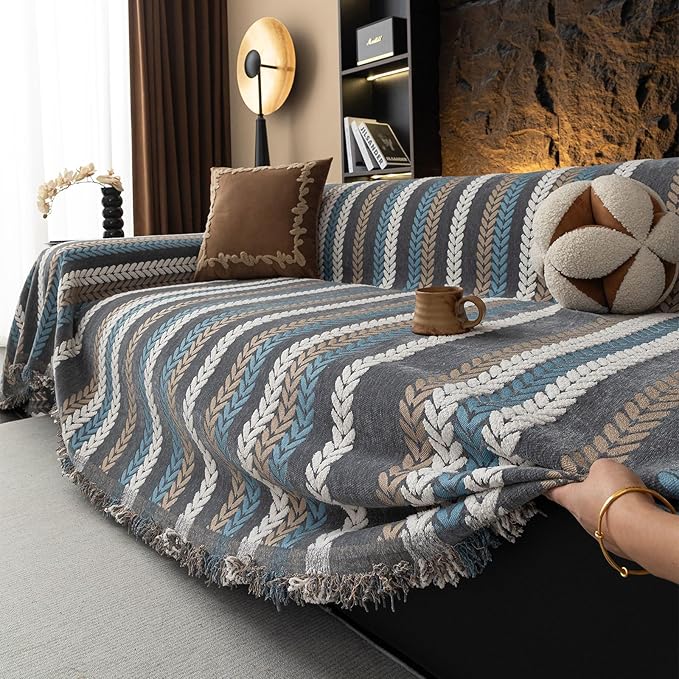 STACYPIK Modern Jacquard Sofa Cover for Pets, Washable Boho Couch Cover for 2 Cushion Couch, Non Slip Chenille Couch Slipcover for Living Room, Furniture Protector Tassels Loveseat Cover-71X118IN